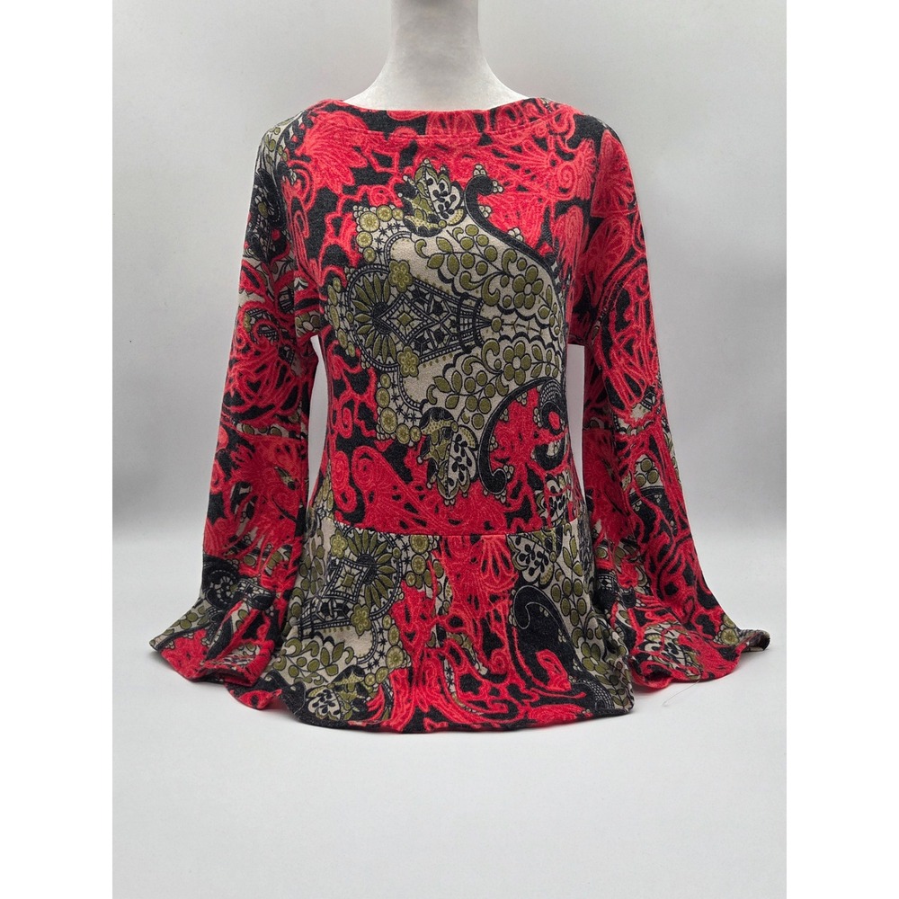 Nally & Millie S/M Red Black Paisley Print Long Sleeve Tunic Top 101-506